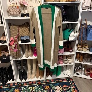 Eloquii Green and Tan Open Cardigan